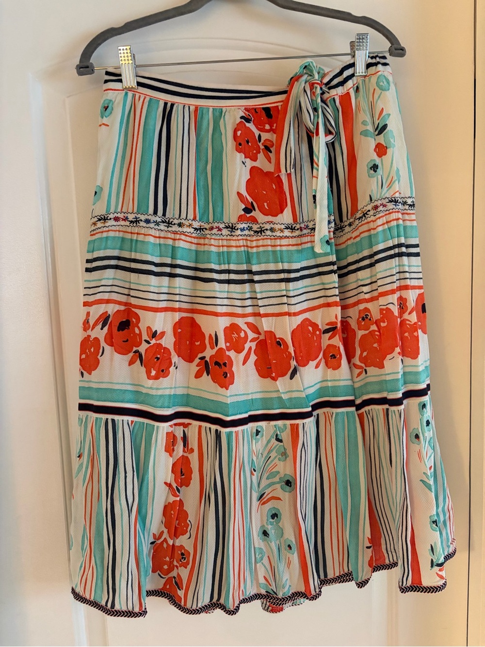 Anthropologie One September Stripe Tie-Waist Midi Skirt in Coral and Aqua- M